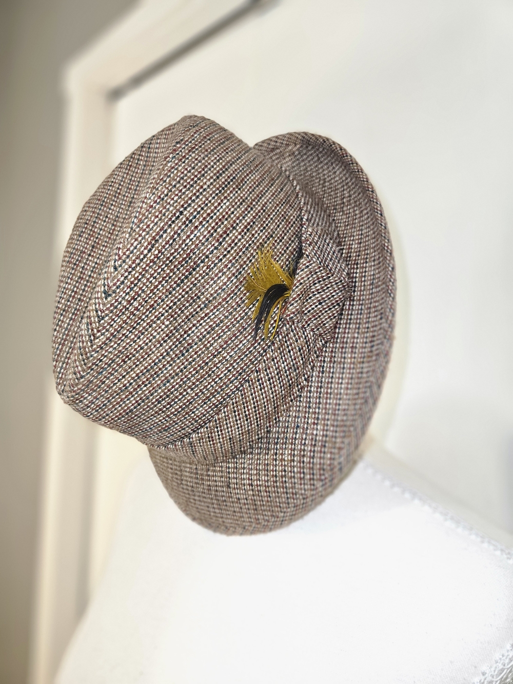 Brown Plaid Baker Boy Cap with Feather Pin